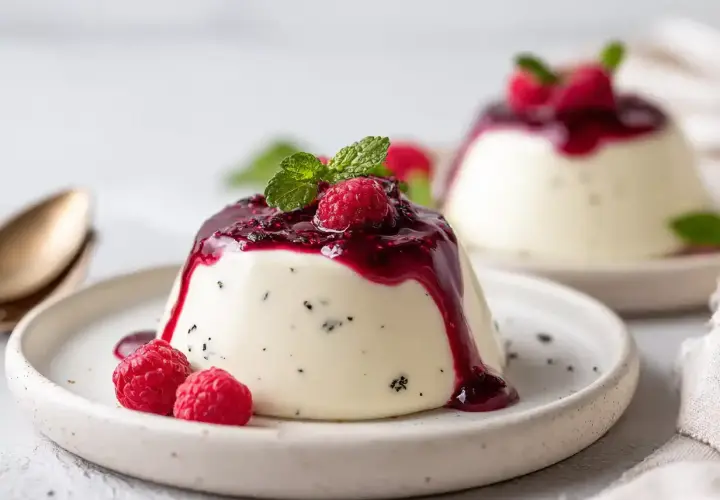 Krämig pannacotta utan gelatin, toppad med hallonsås och färska hallon. En perfekt dessert för alla tillfällen.