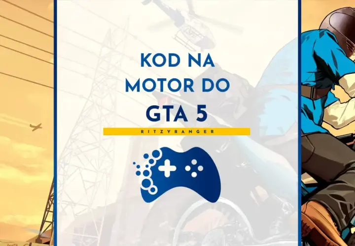 Kod na motor do GTA 5. Postać w kasku jedzie na motocyklu, trzymając broń. W tle helikopter i samolot.