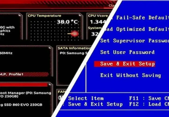 BIOS pokazuje temperaturę CPU 38°C i opcje "Save & Exit Setup" dla bezpiecznego rozruchu.