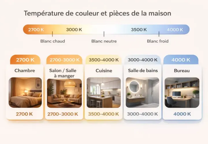 Guide des températures de couleur pour chaque pièce : chambre (2700K), salon (2700-3000K), cuisine (3500-4000K), salle de bain (3000-4000K), bureau (4000K).