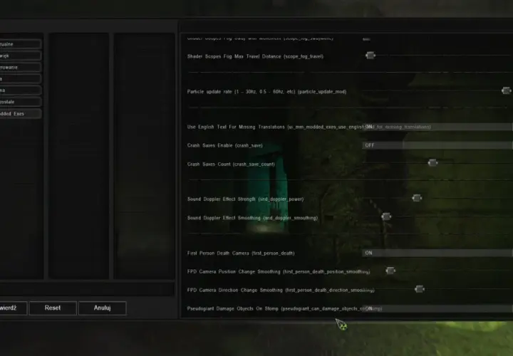 Ustawienia gry S.T.A.L.K.E.R. Anomaly, opcje graficzne i dźwiękowe. Włączono opcję "Use English Text For Missing Translations", co może pomóc w spolszczeniu gry.