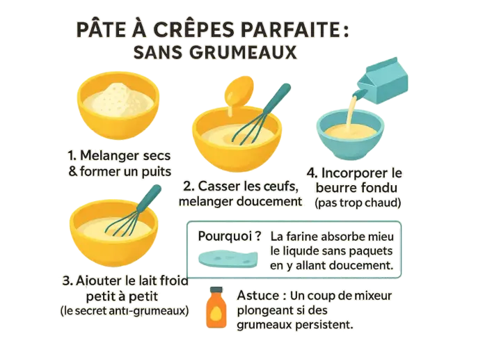 Préparation d'une pâte à crêpe classique sans grumeaux : mélange des ingrédients secs, ajout des œufs, puis du lait froid et du beurre fondu.