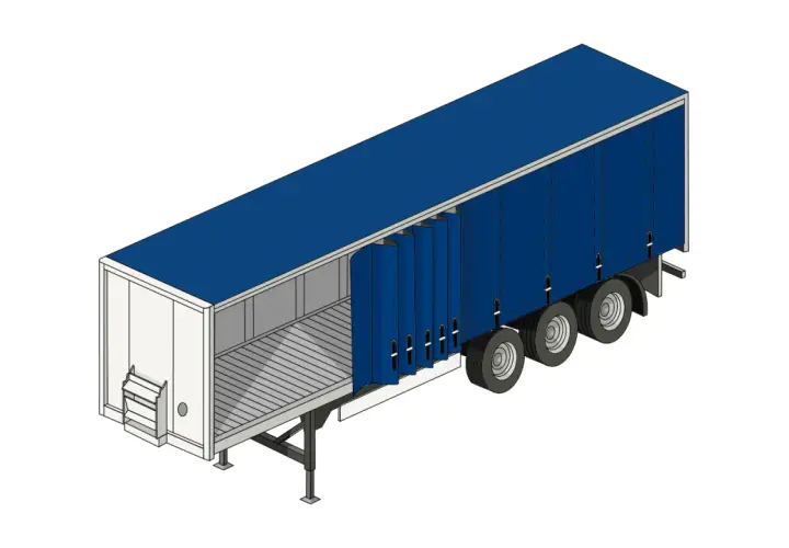 Ein blauer Planen-Auflieger mit geöffneten Seitenplanen, der zeigt, was ein Trailer für den Gütertransport bedeutet.