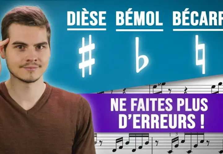 Un homme pense à la musique, avec les symboles dièse, bémol et bécarre. Il apprend à ne plus faire d'erreurs.