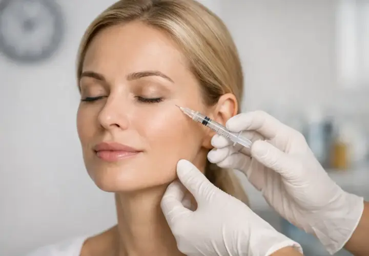 En kvinna får en injektion nära ögat. En diskussion om botox hur ofta kan vara relevant för att upprätthålla resultatet.