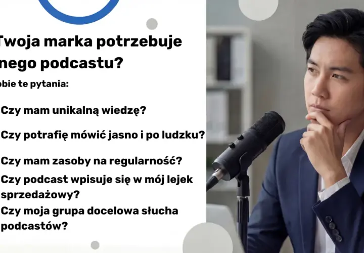 Mężczyzna zastanawia się nad stworzeniem podcastu. Czy Twoja marka potrzebuje własnego podcastu? Rozważ to w kontekście marketingu.