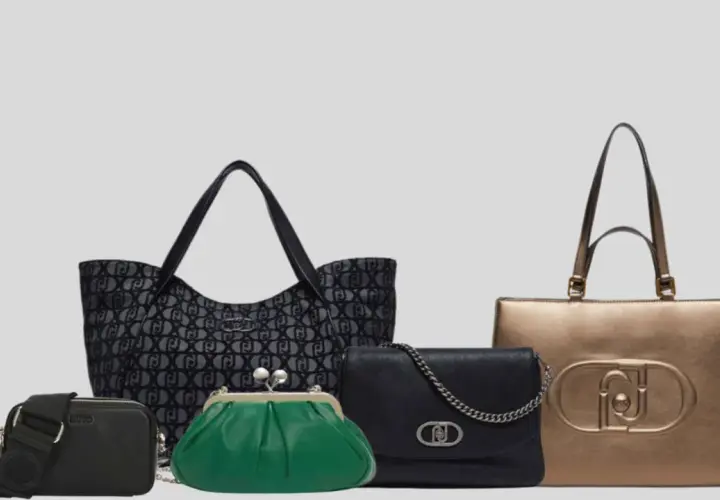 Cinque borse Liu Jo, tra cui una shopper con logo all-over, una verde a soffietto, una nera con catena, una piccola tracolla verde e una tote color oro, per una vittoria di stile.