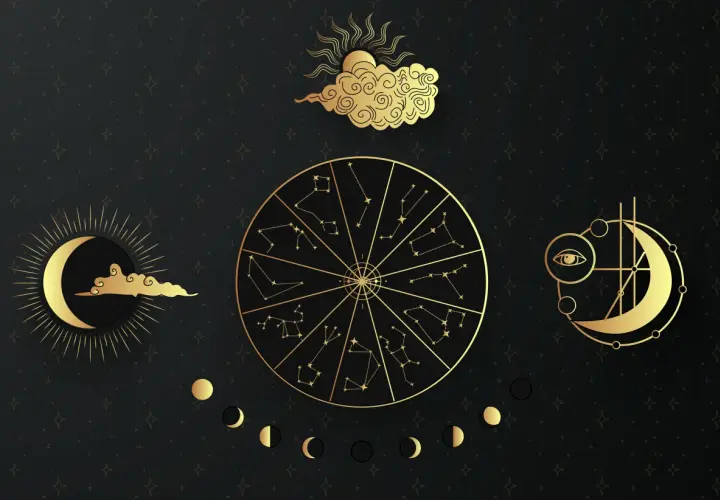 Złoty krąg zodiaku, księżyc i oko symbolizują 1001 znaczenie.