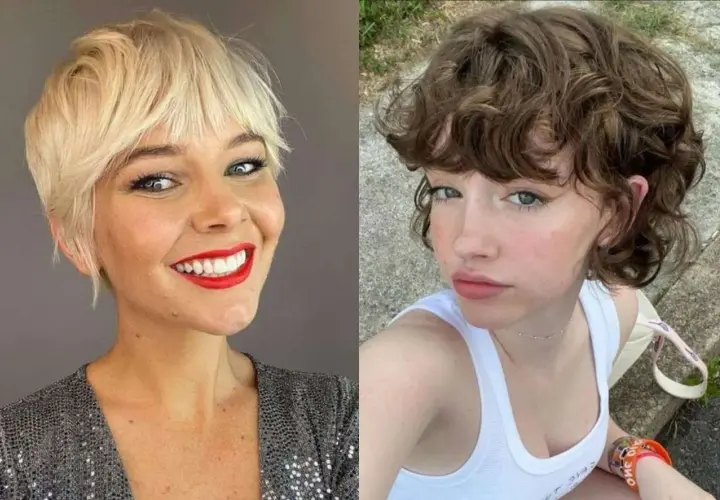 Dos mujeres con un corte pixie corto y flequillo. Una rubia con labios rojos y otra morena con rizos.