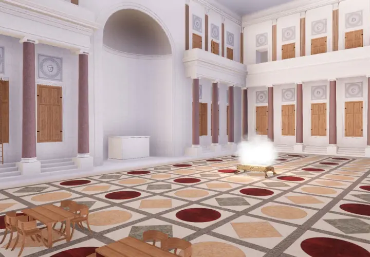 Reconstitution des thermes de Caracalla : une salle majestueuse avec sol décoré, colonnes imposantes, étagères et un autel fumant.