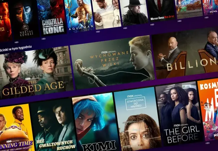 Plakat HBO z miniaturami filmów i seriali: "The Gilded Age", "Wychowane przez wilki", "Billions", "Kimi", "The Girl Before".