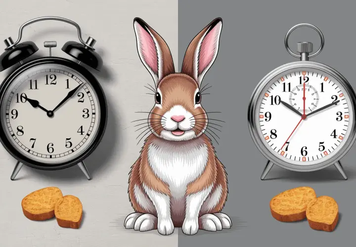 Un lapin mignon est assis entre deux réveils. Il est temps de préparer une recette de lapin !