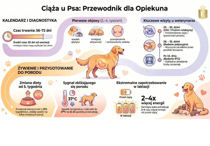Ilustracja pokazuje, ile pies chodzi w ciąży (56-72 dni), objawy, wizyty u weterynarza, żywienie i przygotowanie do porodu.
