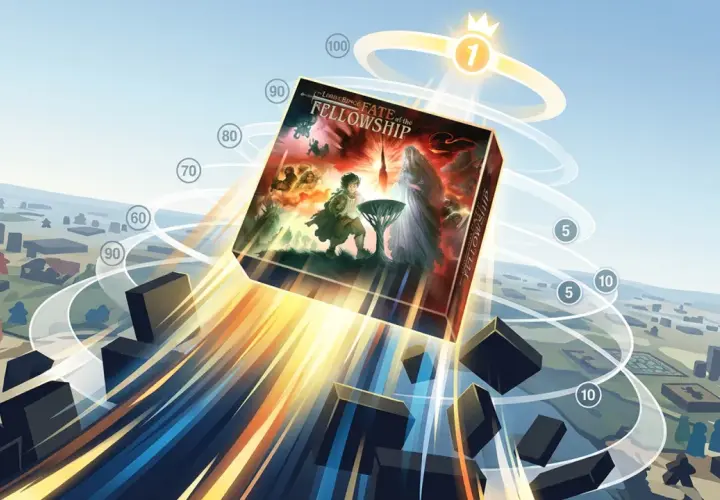 Der Herr der Ringe: Die Gefährten" schwebt über einer stilisierten Stadt, umgeben von Ranglisten, die auf seine Position in den board game geek top 100 hindeuten.