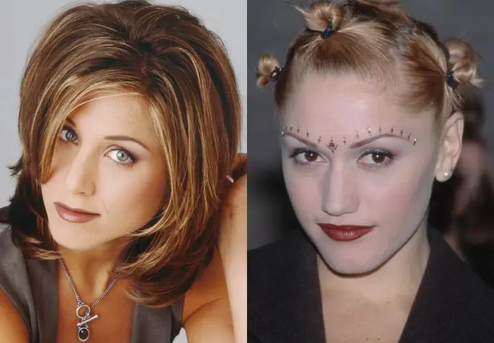Dwie kobiety z fryzurami z lat 90.: Jennifer Aniston z cieniowanymi włosami i Gwen Stefani z kucykami i ozdobami na czole.