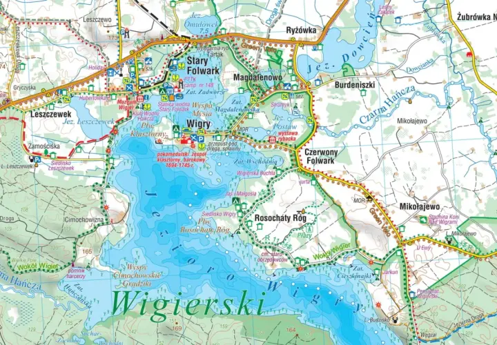Mapa turystyczna przedstawiająca jeziora i szlaki wodne Wigierskiego Parku Narodowego.