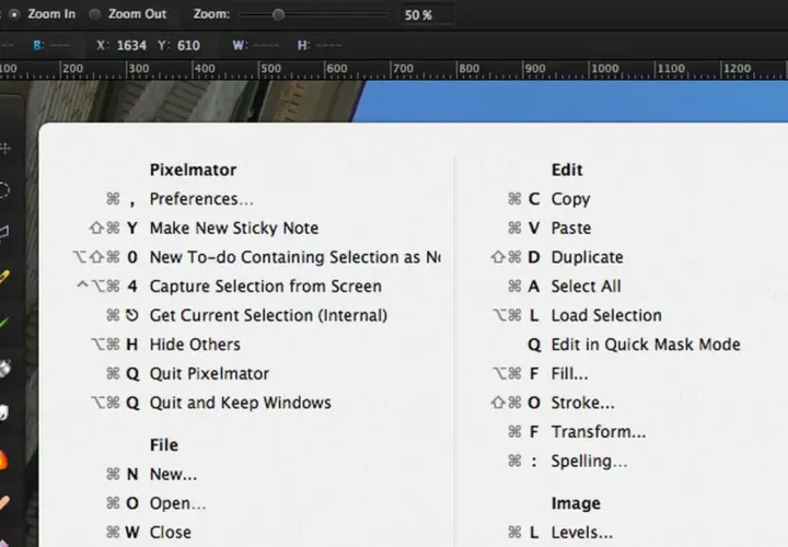 Zrzut ekranu z menu Pixelmator. Widoczne opcje: Pixelmator, File, Edit, Image.