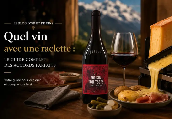 Quel vin avec raclette ? Un guide complet des accords parfaits. Bouteille de vin rouge Jura, fromage à raclette fondant, pommes de terre et charcuterie.