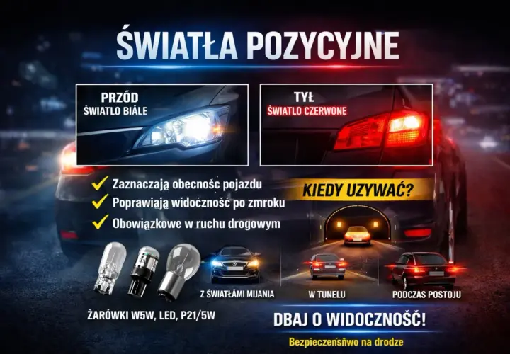Światła pozycyjne a postojowe: białe z przodu, czerwone z tyłu. Zaznaczają pojazd, poprawiają widoczność po zmroku i w tunelu. Obowiązkowe w ruchu drogowym.