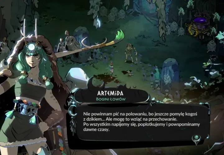 Artemida, bogini łowów, w Hades 2 na PS5, rozmawia z graczem w leśnej scenerii.