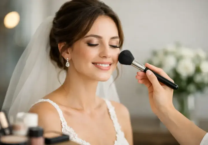 Novia sonriente recibe los últimos toques de maquillajes de novia. Un pincel aplica rubor en sus mejillas.