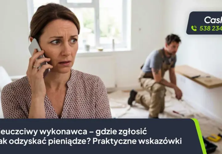 Zmartwiona kobieta rozmawia przez telefon, szukając informacji, gdzie zgłosić nieuczciwego wykonawcę i jak odzyskać pieniądze.
