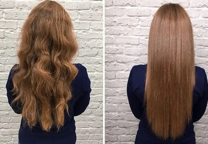 Antes y después de nanoplastia: cabello rizado y voluminoso transformado en liso y sedoso.