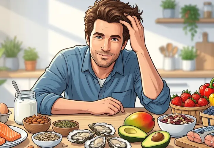 Hombre sonriente con una mesa llena de alimentos buenos para el pelo: salmón, aguacate, ostras, frutos secos y bayas.