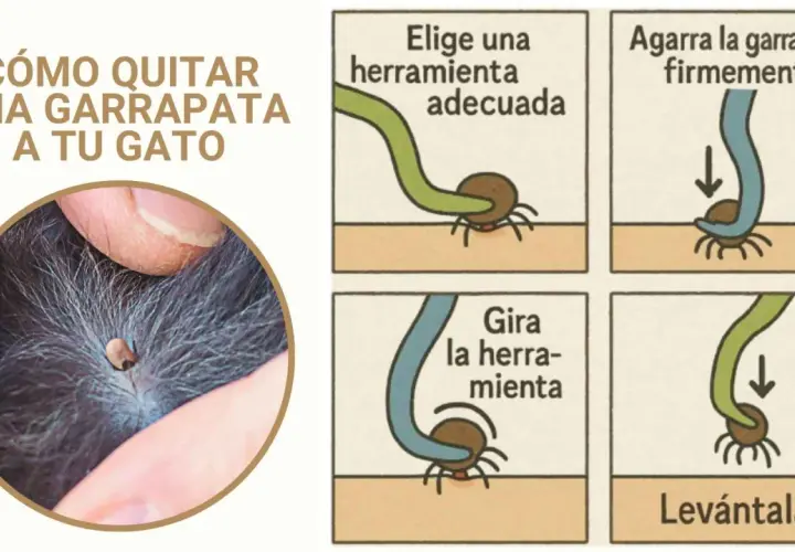 Instrucciones para quitar garrapatas en gatos: elige herramienta, agarra firmemente, gira y levanta.
