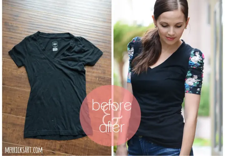 Before & after: a black t-shirt transformed into a stylish shirt with floral ruched sleeves. Learn how to turn a dress into a shirt!