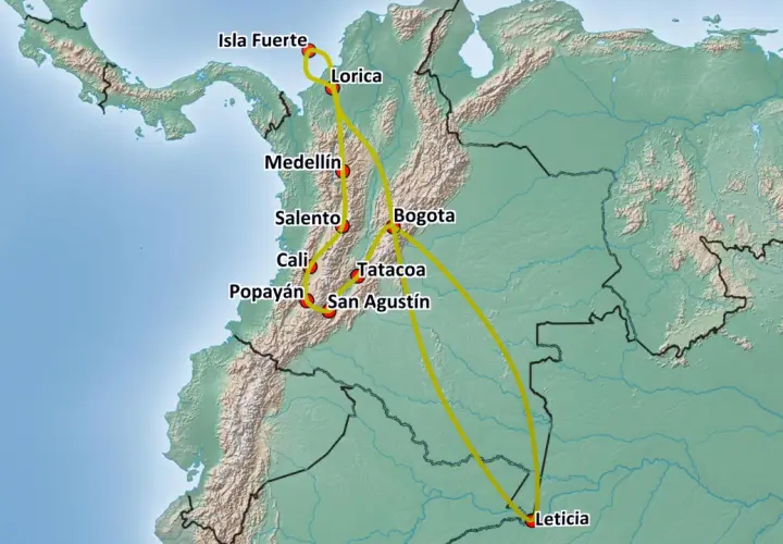 Reiseroute durch Kolumbien: Isla Fuerte, Lorica, Medellín, Salento, Cali, Popayán, Tatacoa, San Agustín und Leticia.