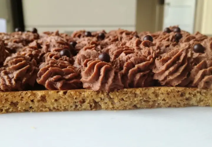 Gâteau rectangulaire avec une base de dacquoise noisette, garni d'une crème au chocolat aérienne et décoré de billes de chocolat.