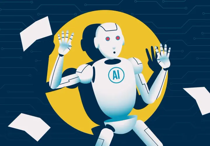 Robot z logo AI, zdezorientowany, z papierami wokół. To jest casus, który pokazuje, co to znaczy być zagubionym w świecie technologii.