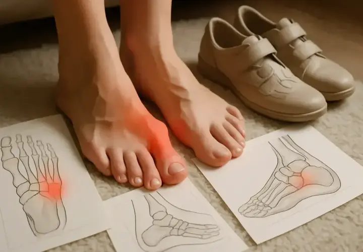 Bolesne stopy biegacza z zaznaczonym zapaleniem i rysunkami anatomicznymi kości stopy. Obok buty ortopedyczne.