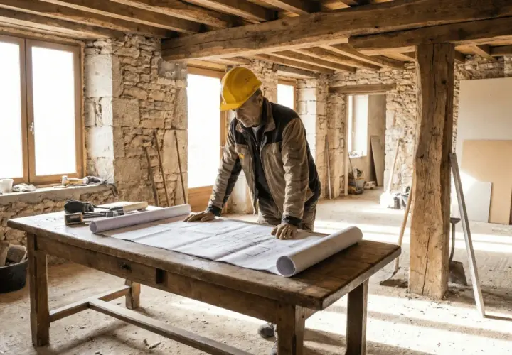 Un maître d'ouvrage, casque jaune, étudie des plans sur une table en bois dans une maison en pierre en rénovation.