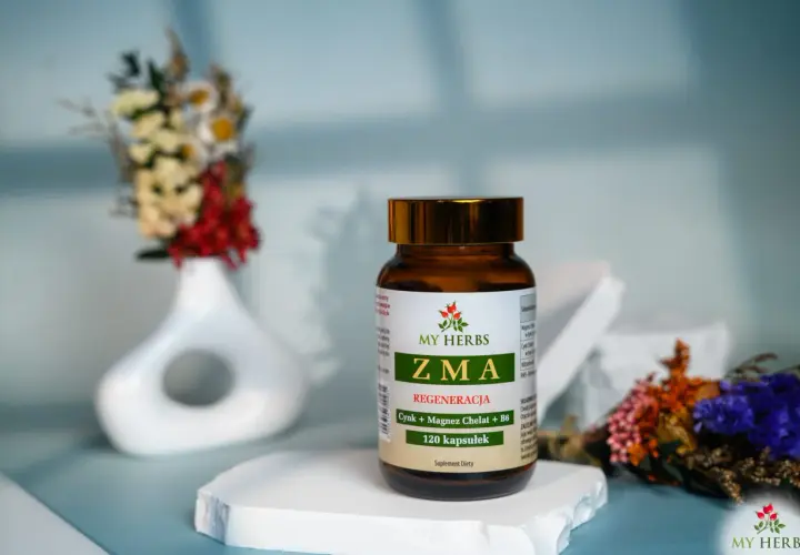 ZMA od My Herbs to suplement diety z cynkiem, magnezem i witaminą B6, wspierający regenerację.