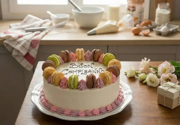 Torta di compleanno decorata con macarons colorati e scritta "Buon Compleanno". Perfetta tra le torte di compleanno semplici da fare in casa.