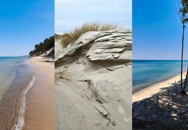 Trzy ujęcia dzikich plaż nad Bałtykiem: piaszczyste wydmy, spokojne morze i lasy porastające klify.