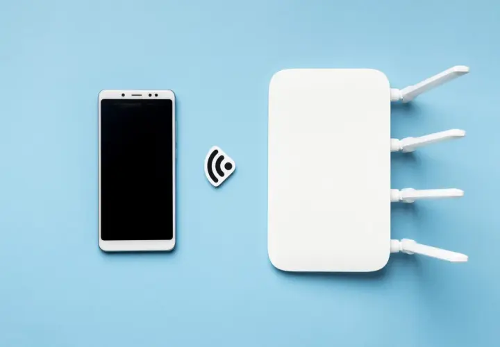 Smartfon i router Wi-Fi obok symbolu połączenia. Dowiedz się, jak udostępnić internet z telefonu.