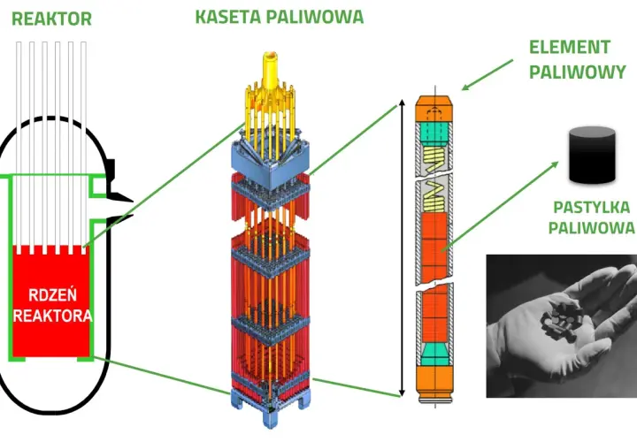 Schemat reaktora, kasety paliwowej i elementu paliwowego. Widać pastylki paliwowe, które tworzą paliwo jądrowe.