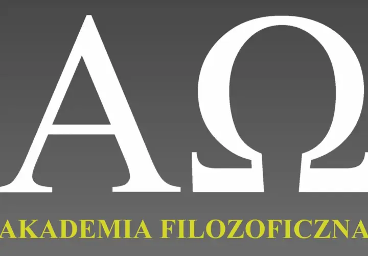 Białe greckie litery Alfa i Omega na szarym tle, poniżej żółty napis "AKADEMIA FILOZOFICZNA". Symbolizuje to początek i koniec, a także dialektykę myśli.