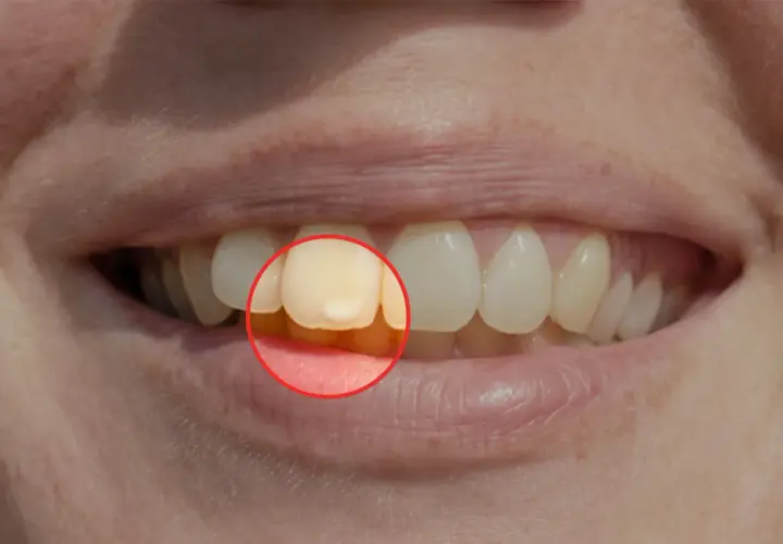 Dente con macchia gialla evidenziata da un cerchio rosso, circondato da gengive bianche e altri denti sani.