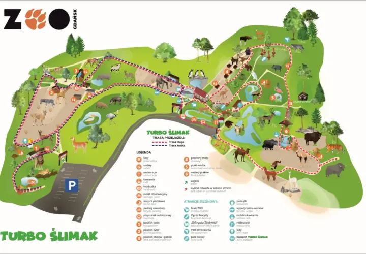 Mapa zoo w Gdańsku z zaznaczonymi trasami "Turbo Ślimak", zwierzętami i atrakcjami.