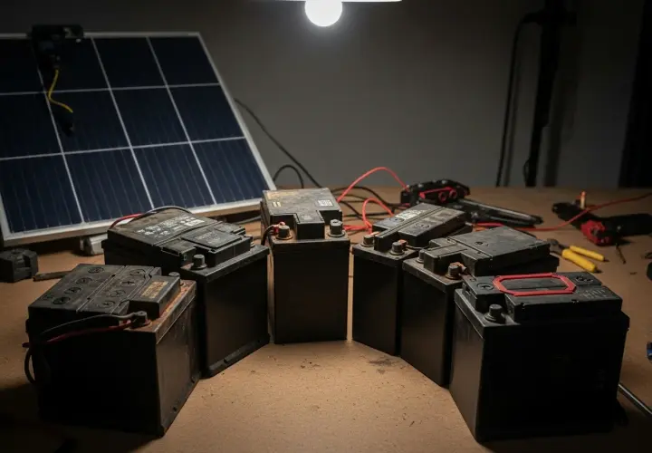 Mehrere Autobatterien sind zu einem Solarspeicher-System verbunden, mit einem Solarpanel im Hintergrund.