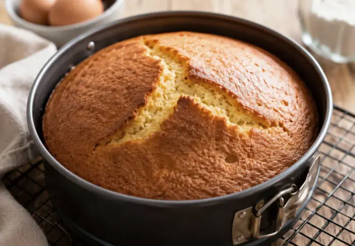 Gâteau doré dans son moule, craquelé sur le dessus. Un mystère : pourquoi mon gâteau ne gonfle pas ? Des œufs et de la farine à proximité.