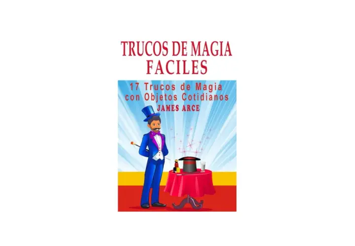 Ilustración de un mago con sombrero de copa y traje azul realizando trucos de magia para hacer en casa, con una mesa y chistera.