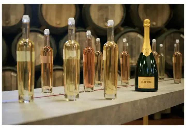Bouteilles de vin clair et rosé, prêtes pour la création du champagne, avec une bouteille Krug en avant-plan.