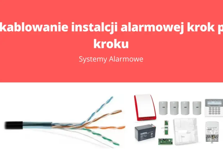 Kabel do alarmu i elementy systemu alarmowego: syrena, czujniki, akumulator, centrala.
