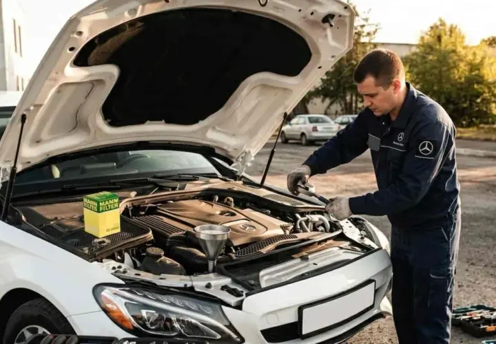 Mecánico realiza mantenimiento B1 Mercedes, cambiando filtros y revisando el motor.