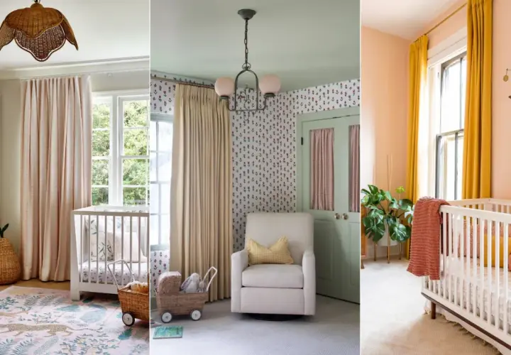 Sweet baby room inspiration with floral wallpaper, a wicker light fixture, and a cozy crib.